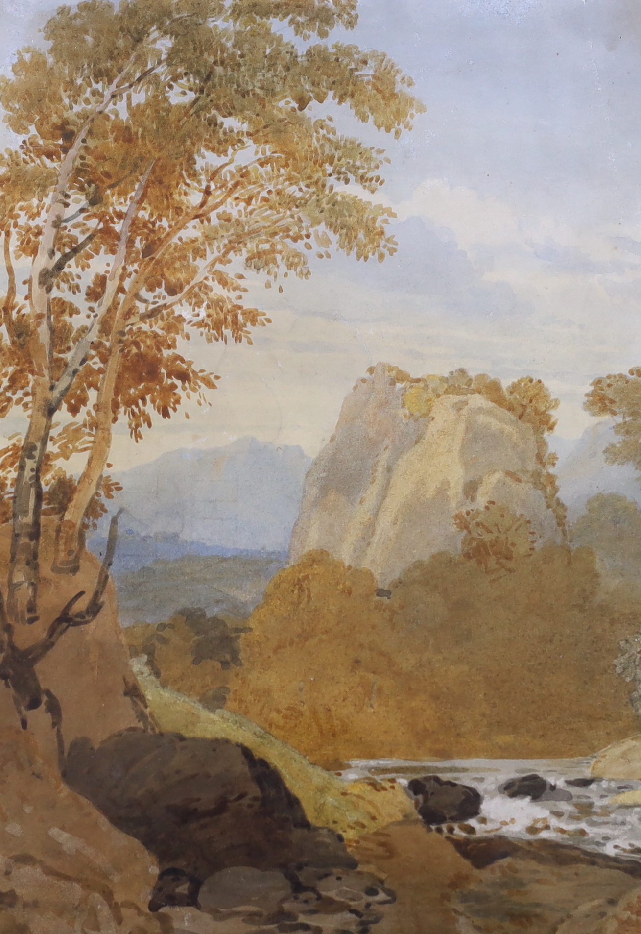 George Barrett Jnr. OWS (1767-1842), watercolour, Mountainous landscape, unsigned, Abbott & Holder label verso, 29 x 20cm